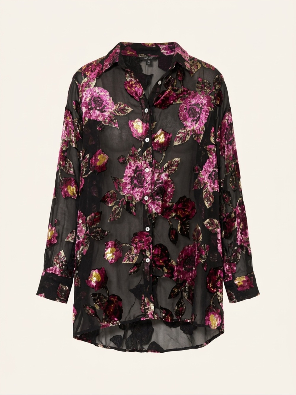 Nasty Gal Black Sheer Button-Up with Pink Floral Velvet Burnout size S